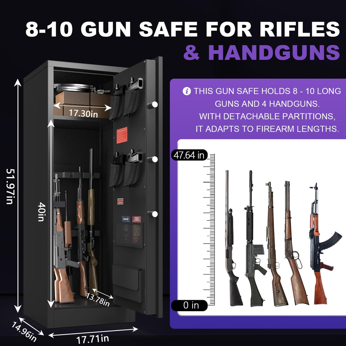 Marcree 8-10 Gun Safe for Rifles and Pistols, Gun Cabinets for Rifles and Shotguns, Long Gun Safe for Home Rifle and Pistols with Dual Alarm & Mute Mode, Gun Cabinet with Quick Access and Gun Rack Marcree