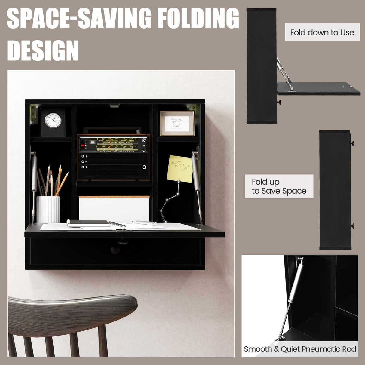 IFANNY Folding Wall Desk, Wood Wall Mounted Desk with Storage Drawer and Shelves, Fold Down Wall Mount Laptop Desk, Corner Floating Desk for Small Spaces (Black) IFANNY