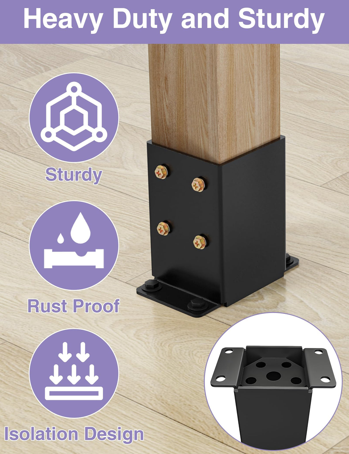 4 PCS Metal 4×4 Post Base, Inner Size 3.5"x3.5" Heavy Duty Post Bracket with Anti-Corrosive Partition, Powder-Coated Post Anchor for Pavilion Deck Railing Support Deck Base Plate PGGP