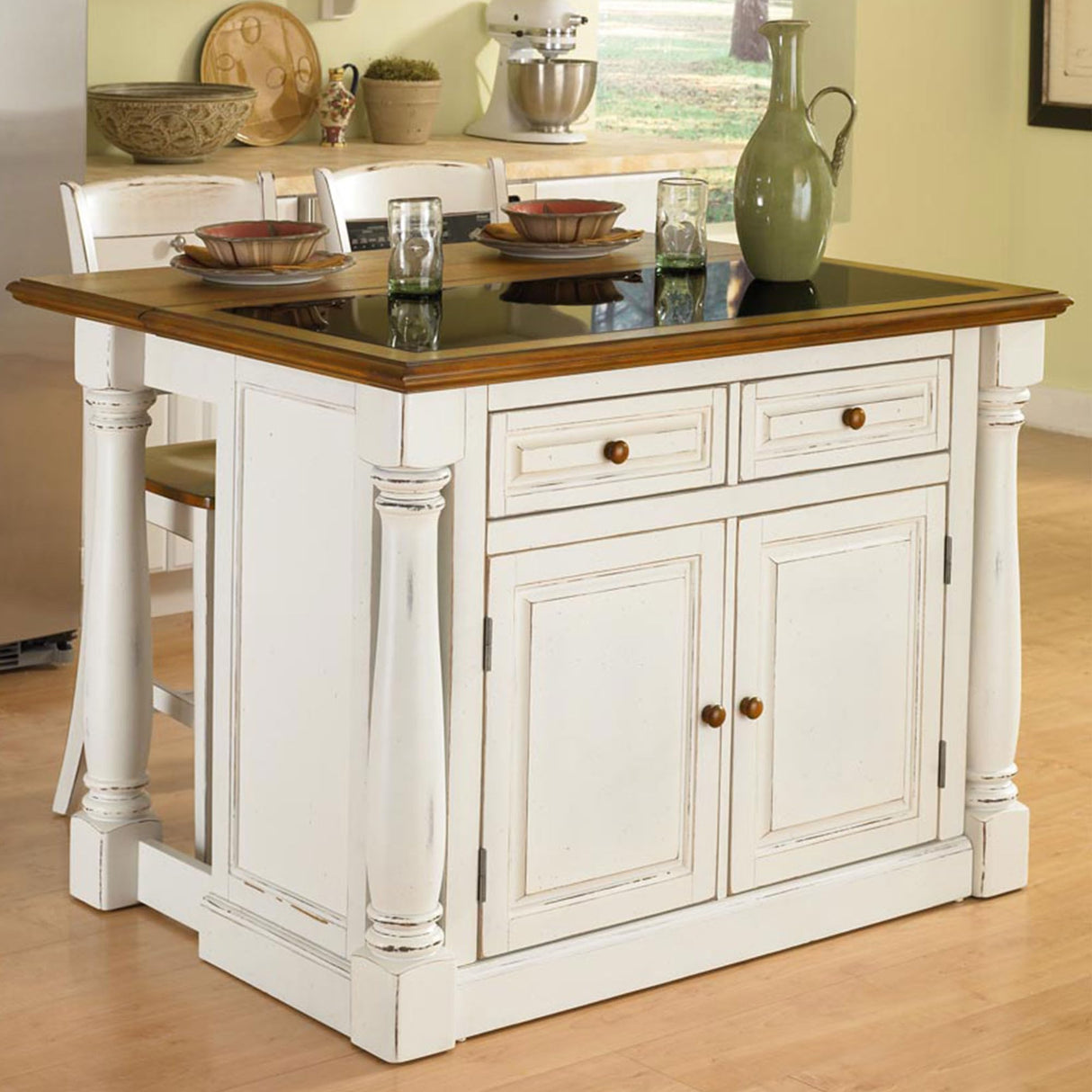 Home Styles Monarch White Kitchen Island with Distressed Oak Top, Black Granite Top Inset, Hardwood, Breakfast Bar, Two Drawers, Two Wood Panel Doors, and Adjustable Shelves homestyles