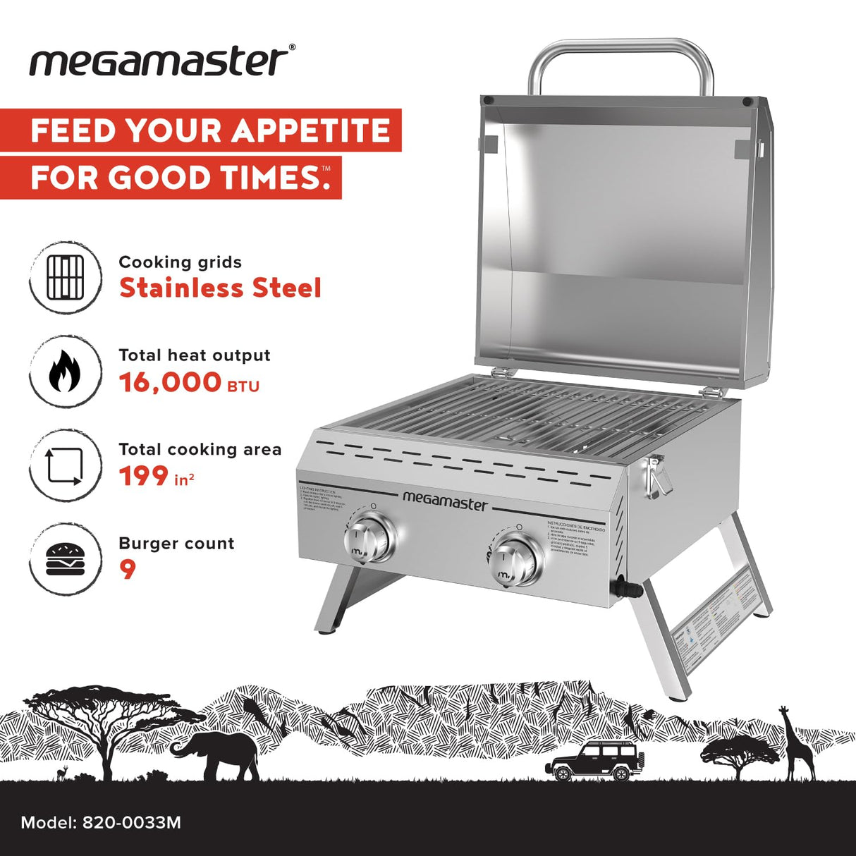 Megamaster Premium Outdoor Cooking 2-Burner Grill, While Camping, Outdoor Kitchen, Patio Garden, Barbecue with Two Foldable legs, Silver in Stainless Steel Megamaster