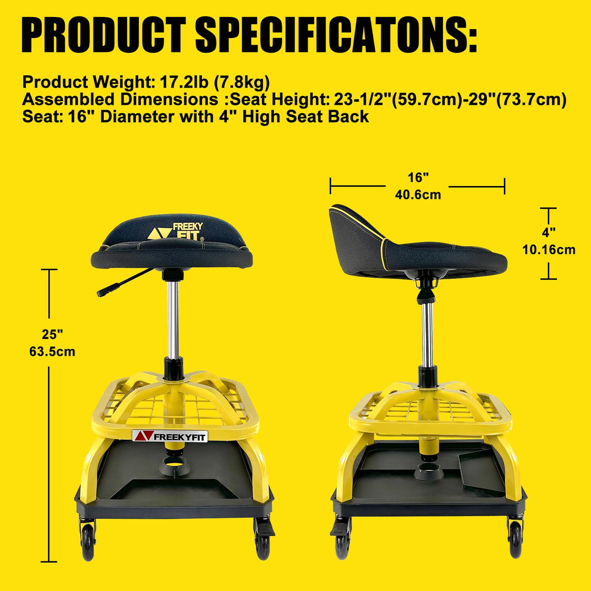 FreekyFit Rolling Shop Stool with Wheels, Garage Work Mechanic Stool with Backrest, Roller Mechanic Chair, Adjustable Height, 360° Swivel, Tool Tray Storage, 330 LBS Capacity, Heavy Duty, Yellow FreekyFit
