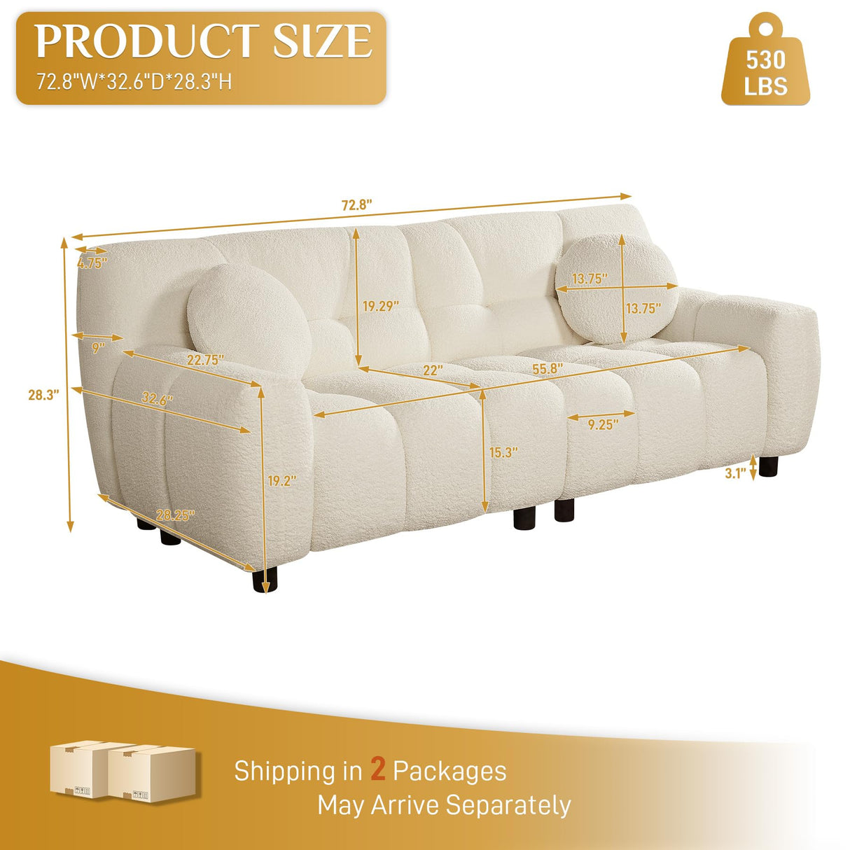 Nolohoo Boucle Cloud Sofa Couch, Comfy Deep Seat Sherpa Couch, 72.8" Upholstered Cozy Teddy 2 Seat Marshmallow Couch with 2 Pillows, Oversized Loveseat Sofa for Living Room, Bedroom, Cream White Nolohoo