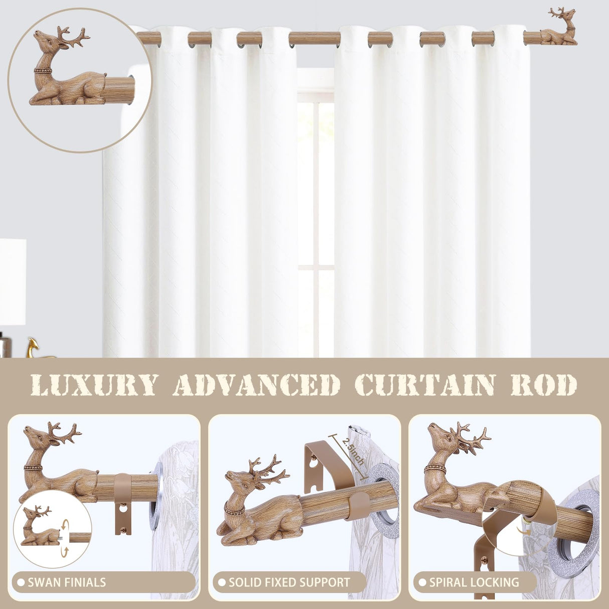 TANGWIN Wood Curtain Rods for Windows 48 to 84 Inch(4-7Ft),1 Inch Adjustable Curtain Rod,Rustic Wooden Curtain Rod,Decorative Deer Drapery Rods,Single Window Curtain Rods 36-88",Brown Wood Grain TANGWIN
