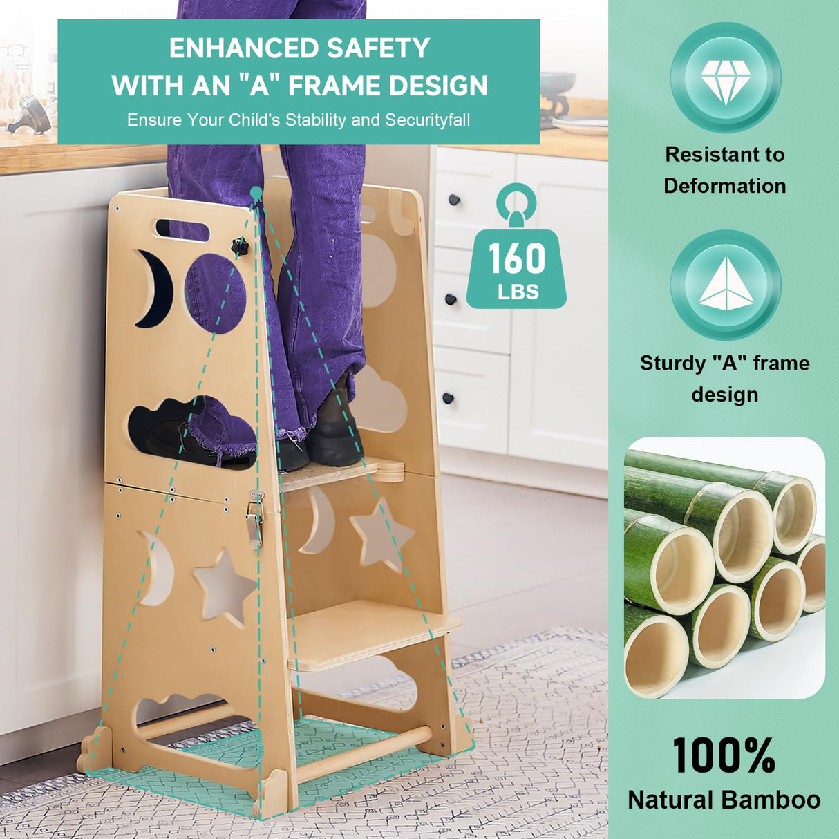 Toddler Kitchen Stool Helper, 4 in 1 Toddler Standing Tower Collapsible Kids Step Stool, Child Standing Tower for Toddlers 1-3 with Safety Rails Yojoker