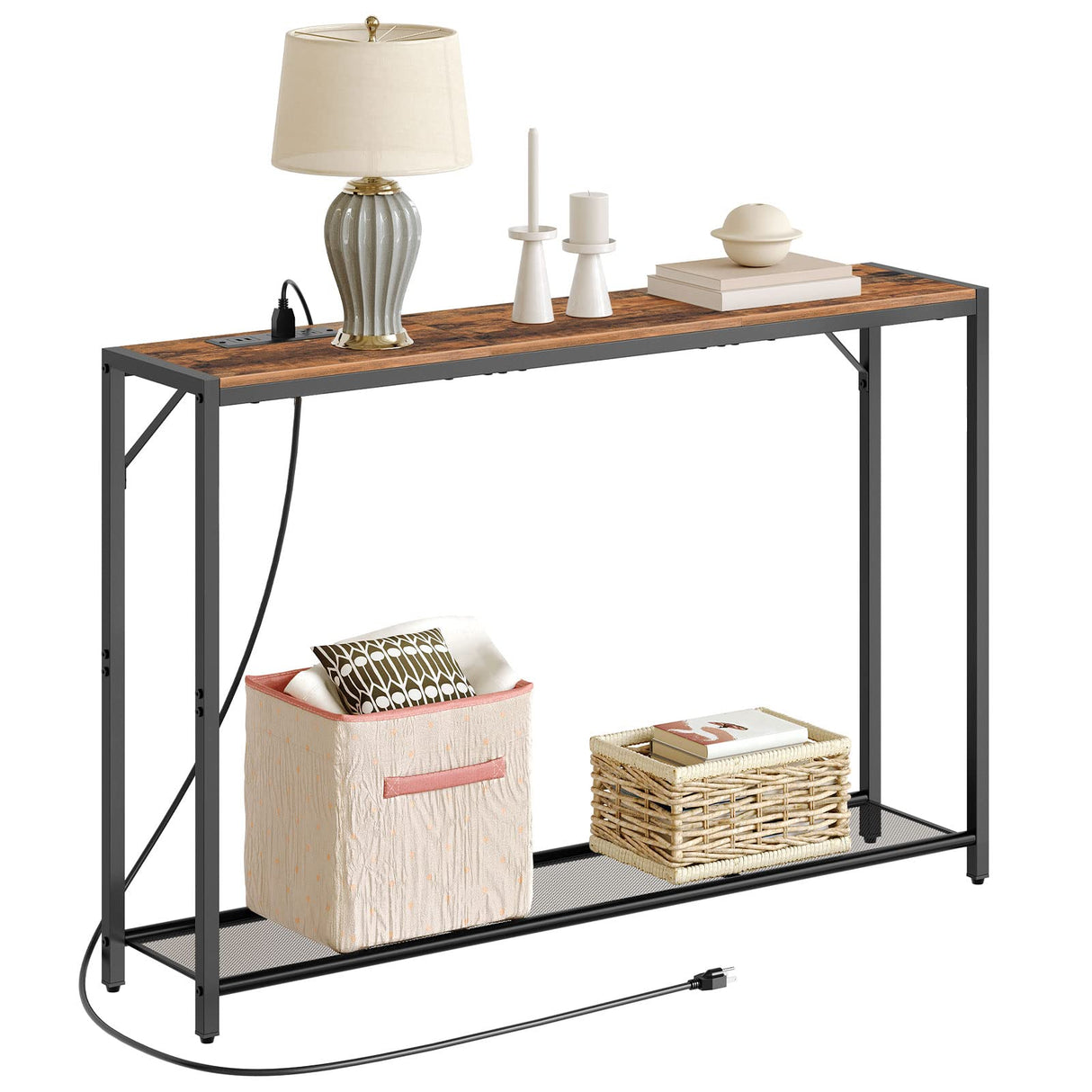 MAHANCRIS Sofa Table with Power Outlet, 43.7" Console Table with USB Ports, Behind Couch Table, Entryway Table for Living Room, Hallway, Foyer, Metal Frame, Adjustable Feet, Rustic Brown CTHR11E01Z1 MAHANCRIS