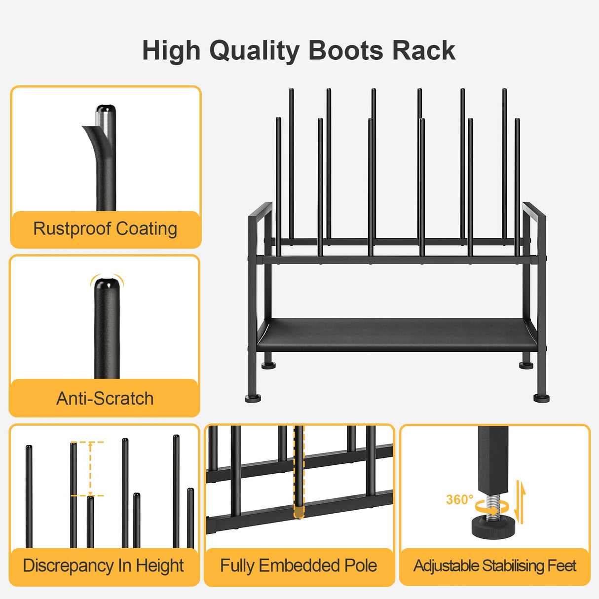 DIMJ Free Standing Shoe Racks - 3-Tier Boot Rack, Black Metal Storage Organizer for Tall Boots, Sneakers, Closet Organizer, Multiuse Shoe Rack, Fits 6 Pairs DIMJ