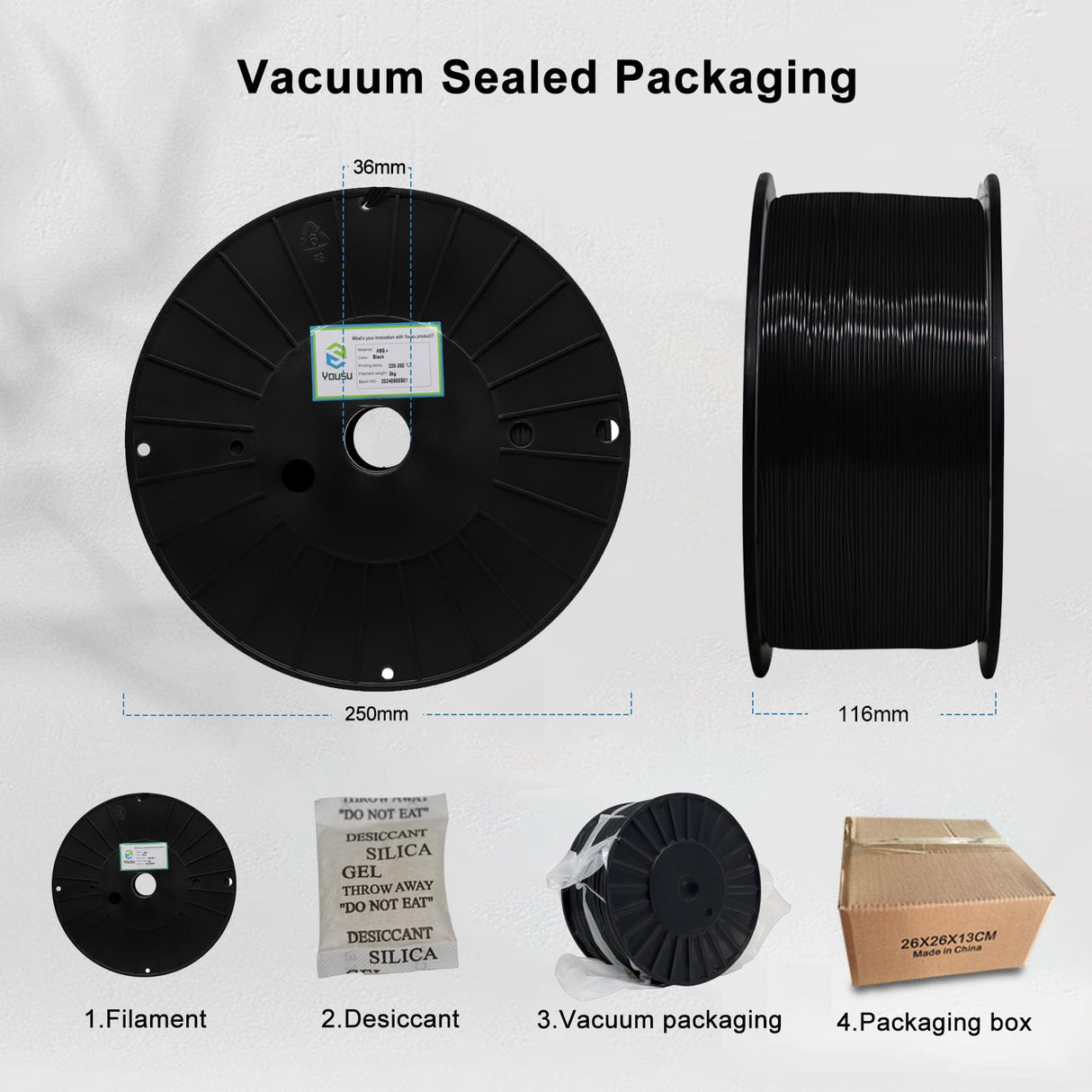 YOUSU ABS+ Filament 1.75mm, 3D Printer Filament ABS Plus, 3KG Spool (6.6 LBS) 3D Printing Filament for 3D Printers,Black Yousu