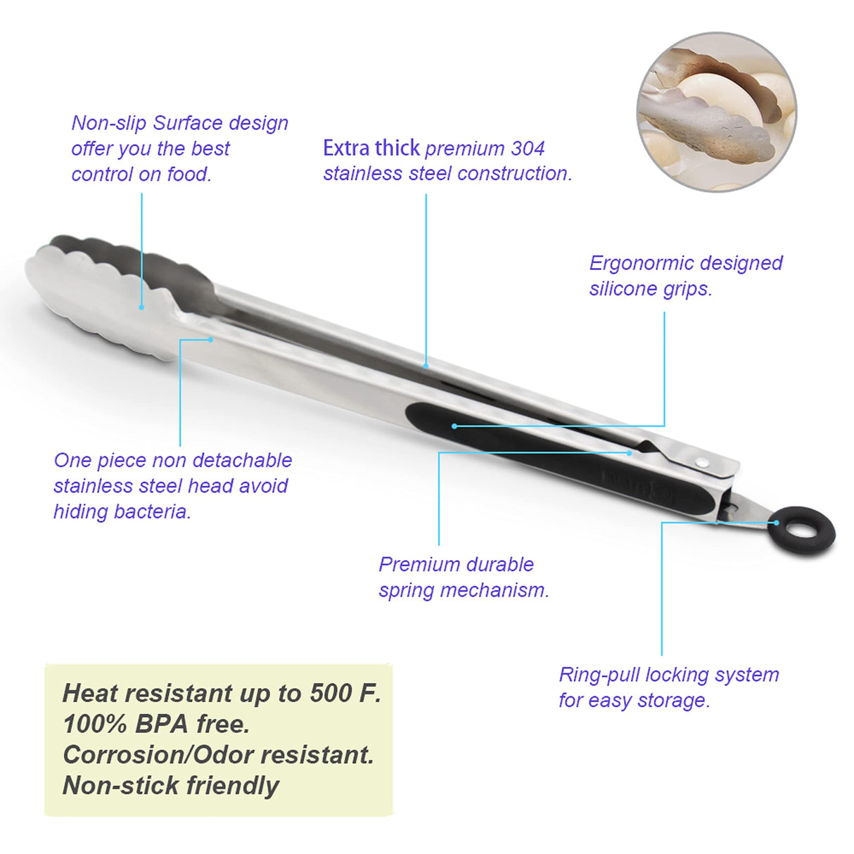 304 Stainless Steel Kitchen Cooking Tongs, 9" and 12" Set of 2 Sturdy Grilling Barbeque Brushed Locking Food Tongs with Ergonomic Grip, Black ALLWIN-HOUSEWARE W