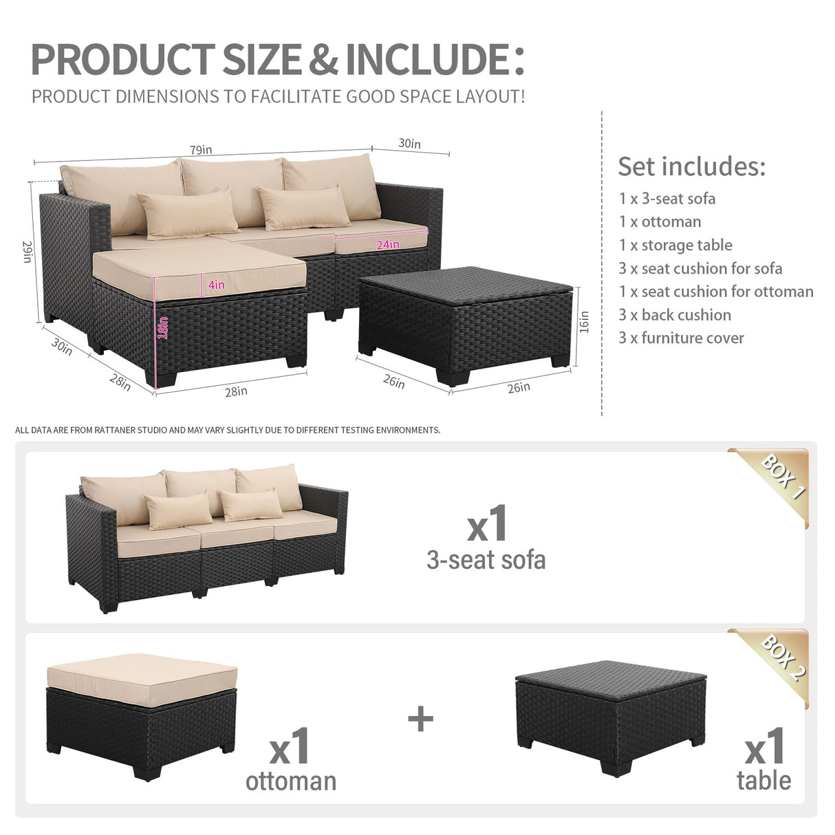 Outdoor Furniture Set 3 Pieces Wicker Patio Furniture Outdoor Sectional Patio Couch Outdoor Coffee Table with Storage All-weather Non-slip Cushions Waterproof Covers, Khaki Rattaner