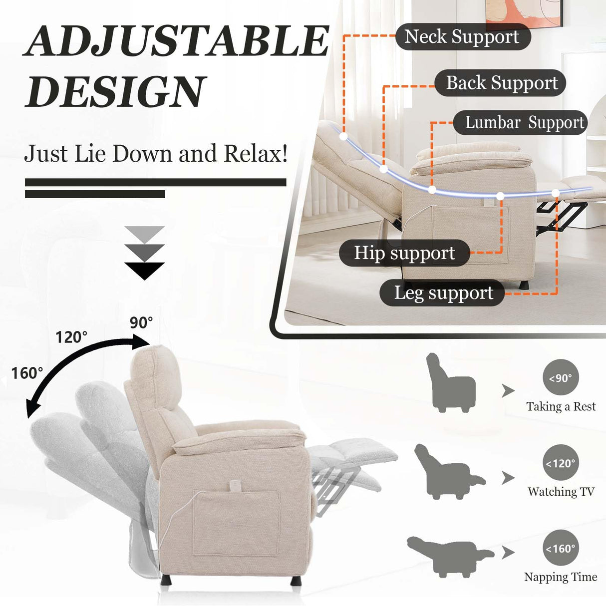 Small Recliners for Small Spaces, Adjustable Electric Recliner Chairs for Adults, Ultra-Comfy Chenille Power Recliner Chair w/Side Pockets & Remote for Nursery, Living Room, Bedroom (Beige) MWrouqfur