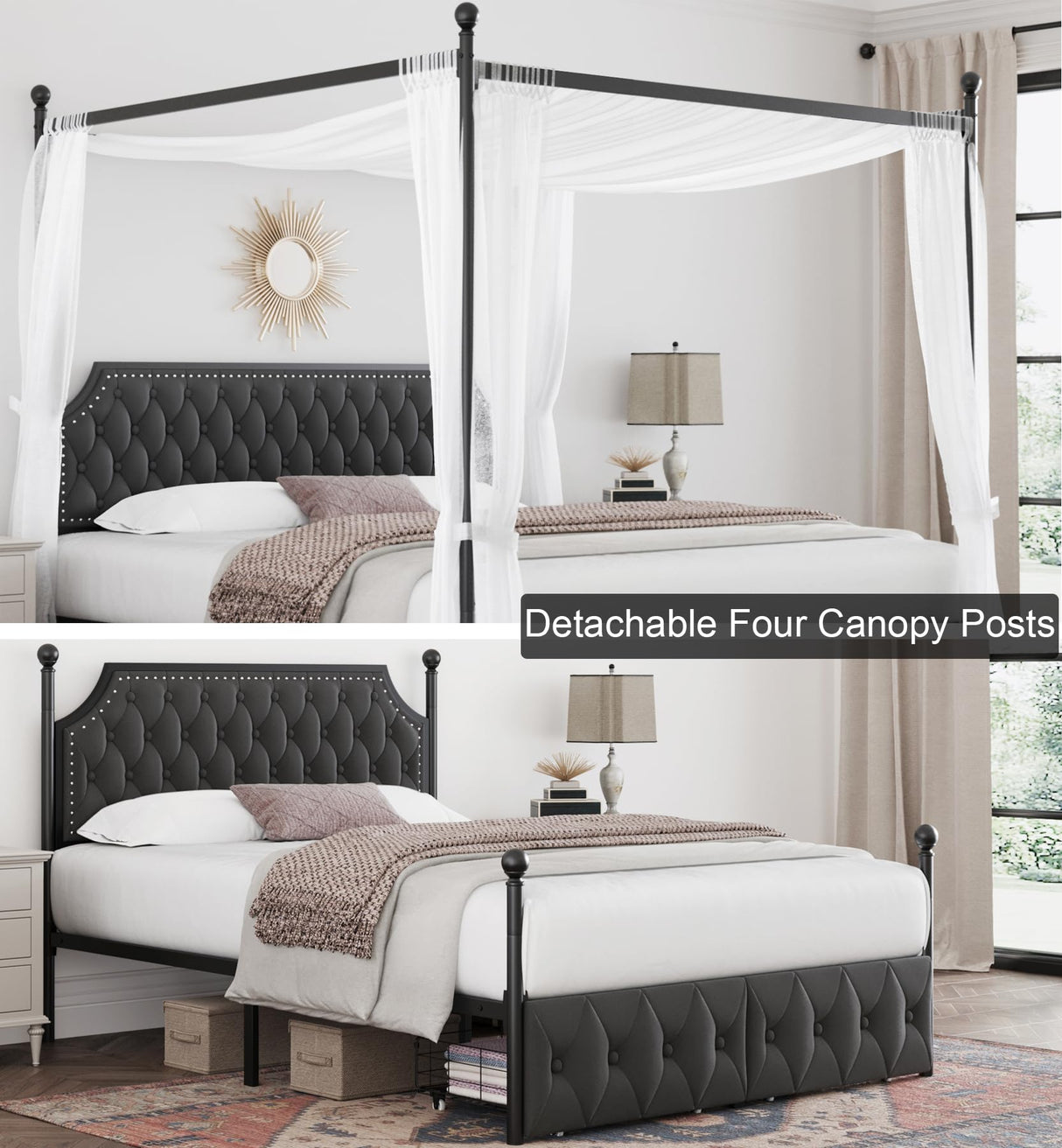 Keyluv Queen Upholstered Canopy Bed Frame with 2 Drawer and Button Tufted Headboard Metal Platform Bed with 4 Removable Posts Two-Purpose Velvet Bed No Box Spring Needed Dark Grey/Curtain Not Included Keyluv