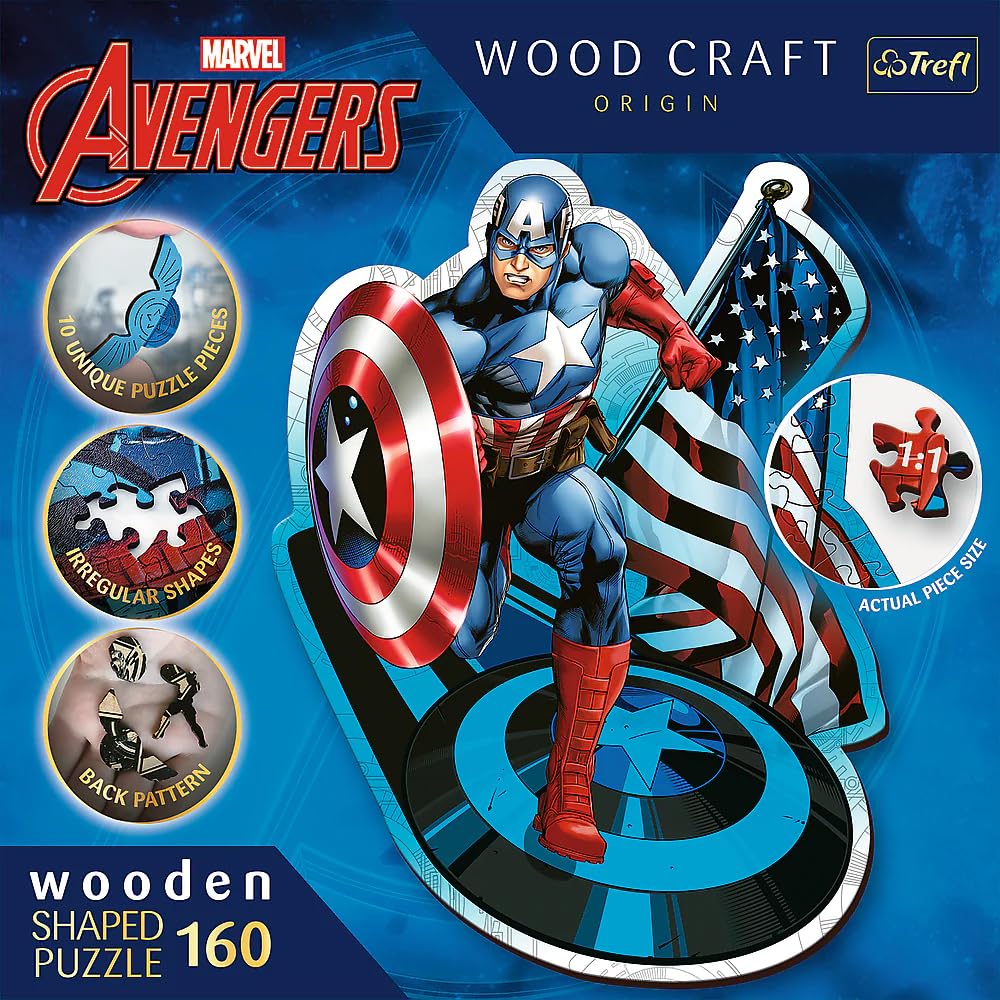 Trefl Marvel Wood Craft 160 Piece Jigsaw Puzzle Fearless Captain America Irregular Shapes, 10 Special Puzzles, Modern Premium Puzzle, for Adults and Children from 12 Years Old Trefl