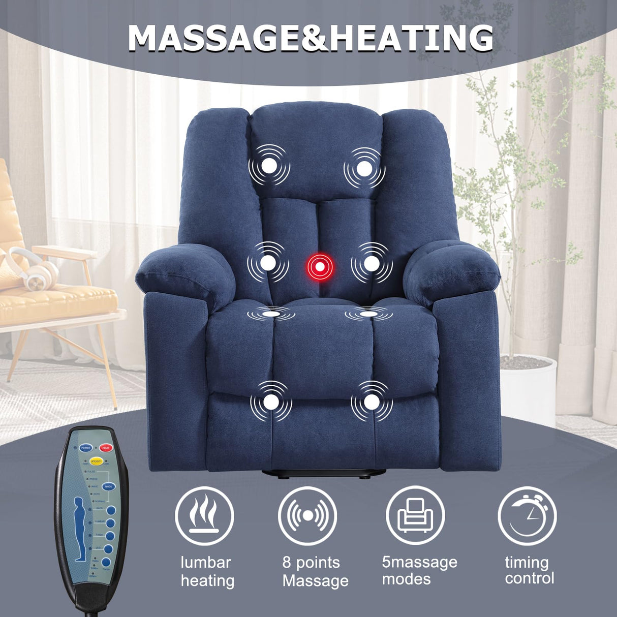 CANMOV Power Lift Recliner Chair with Massage and Heat for Elderly, Overstuffed Wide Recliners, Heavy Duty and Safety Motion Reclining Mechanism with USB Ports, 2 Concealed Cup Holders, Navy Blue CANMOV
