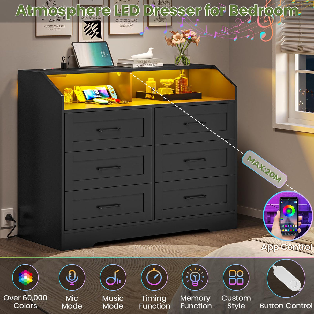 Hasuit Black Dresser with LED Lights and Charging Station, Chest of 6 Drawers with Open Space, Modern Wood Storage Tower Clothes Organizer, Storage Cabinet with Deep Drawers, Black Dresser for Bedroom Hasuit