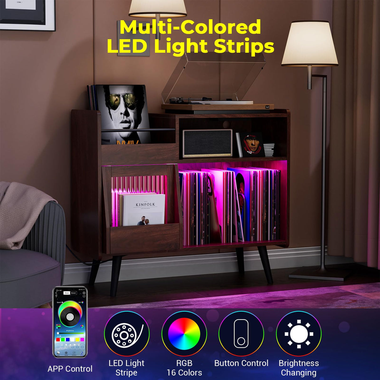 Large Record Player Stand with Sliding Door,350 Vinyl Record Storage Cabinet, Record Player Table with Power Outlet and LED Light,Turntable Stand with Wood Legs for Living Room,Bedroom,Office Bonvork