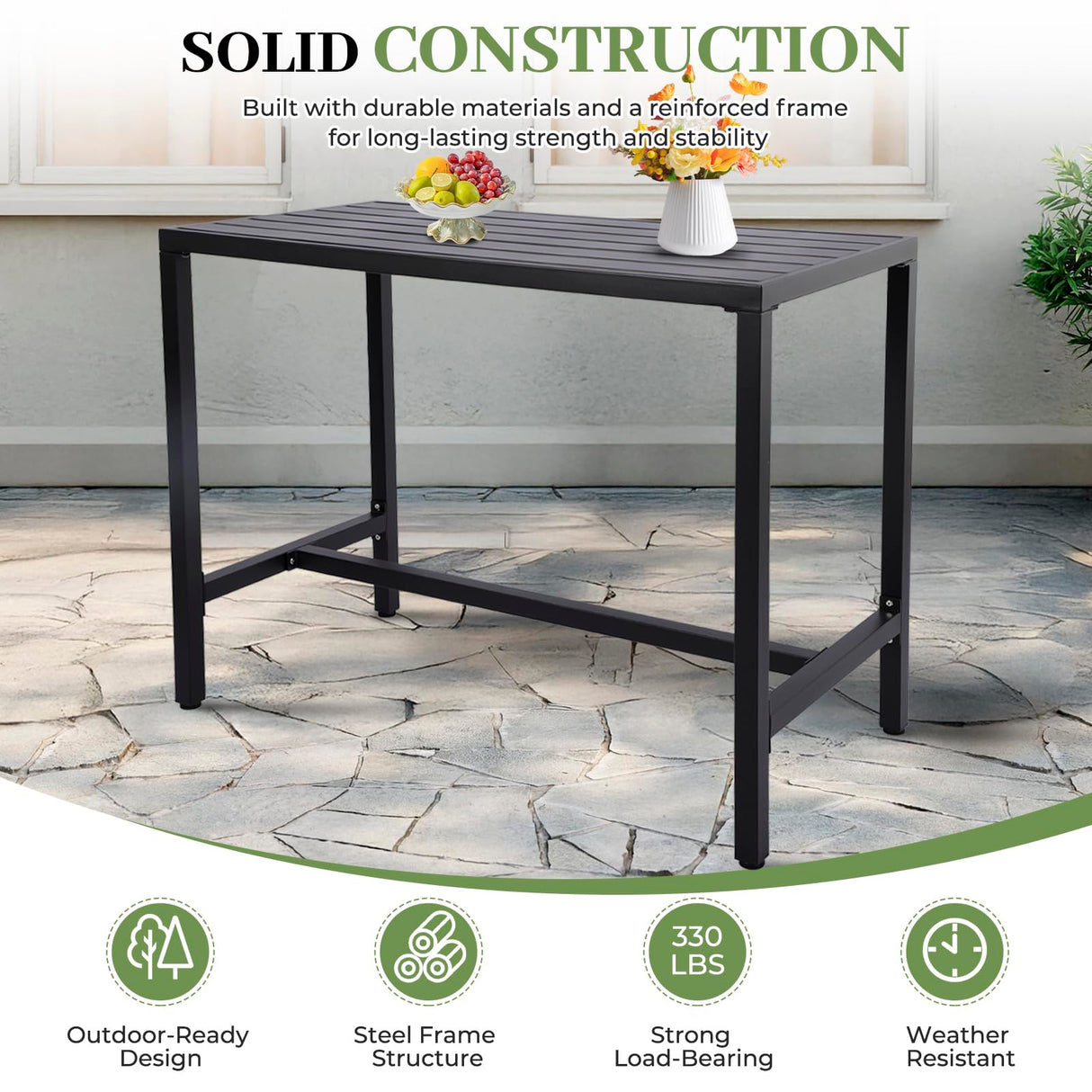 ONLYCTR Outdoor Bar Table, Patio Counter Height Bar Table, 47" Rectangle Bar Table for Patio, Garden, Yard, Balcony, Poolside (Black, 47'') ONLYCTR