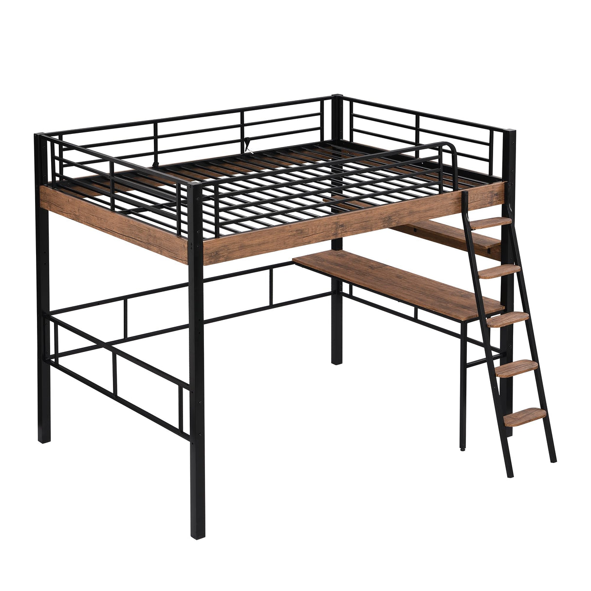 Janusline Metal Full Size Loft Bed with Built-in Desk, Modern Loft Bed Frame with Storage Shelf, Ladder and Safety Guardrail, Easy Assembly, No Box Spring Needed, Black Janusline