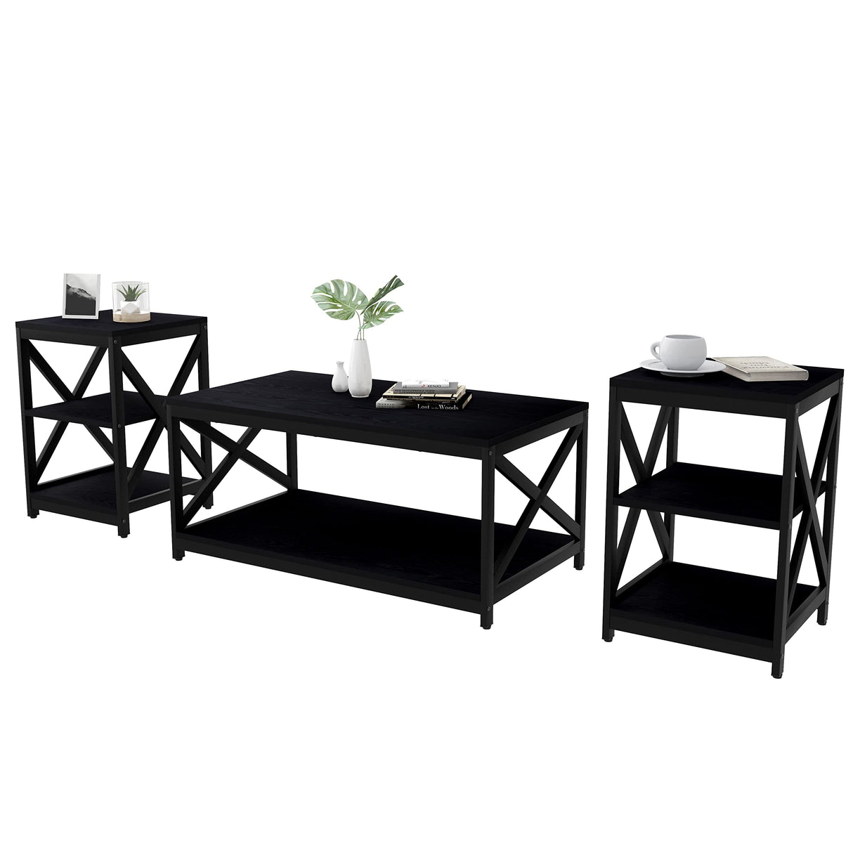 Bigbiglife Living Room Coffee Table Set of 3, Industrial X-Design Coffee Table and 2 End Side Tables, 3 Piece Living Room Table Set with Large Storage for Apartment Home, Black Bigbiglife