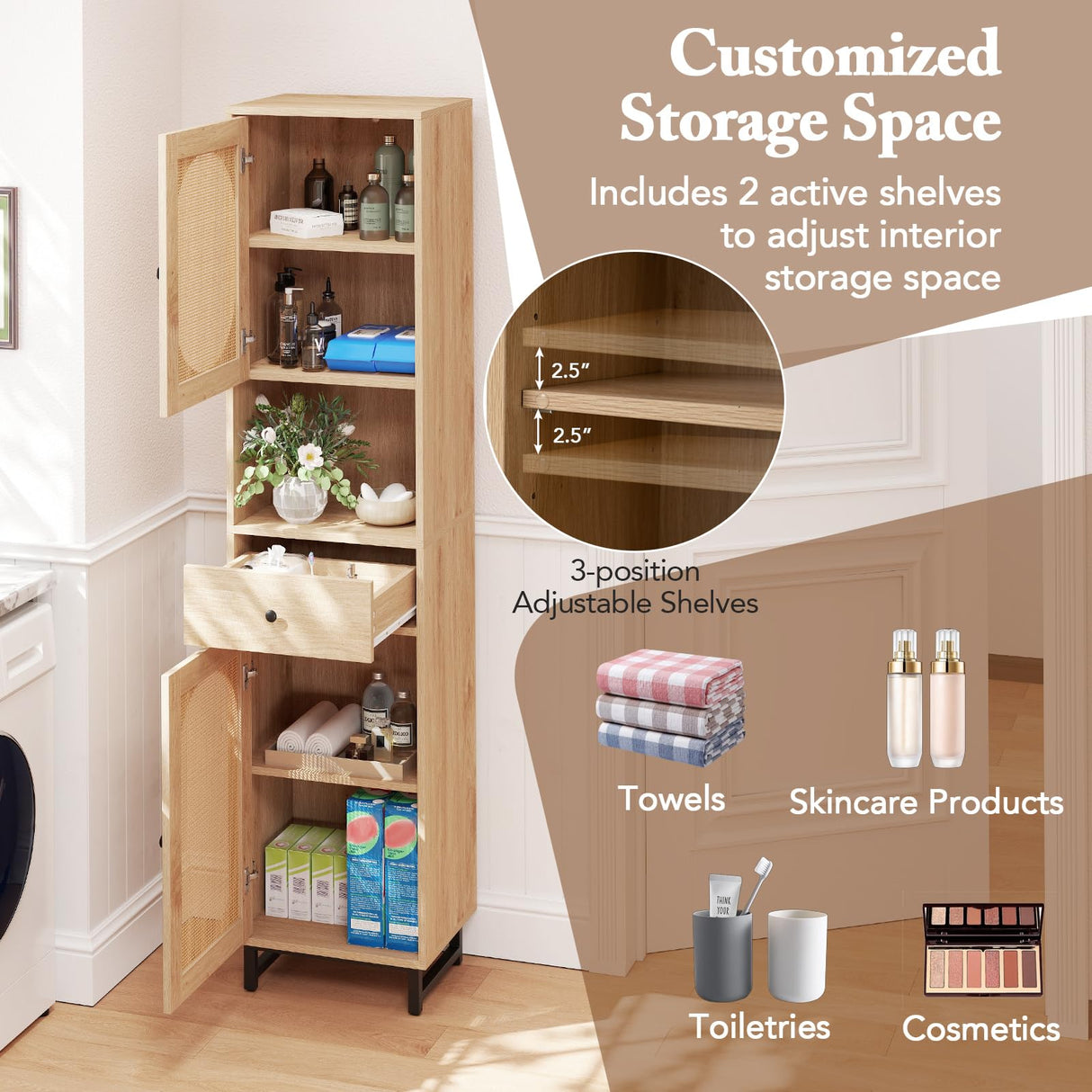 Giantex 67" Tall Bathroom Cabinet, PE Rattan Storage Cabinet with 2 Doors, Open Compartment & Drawer, Adjustable Shelves, Anti-toppling Device & Metal Legs, Floor Organizer for Living Room, Kitchen Giantex