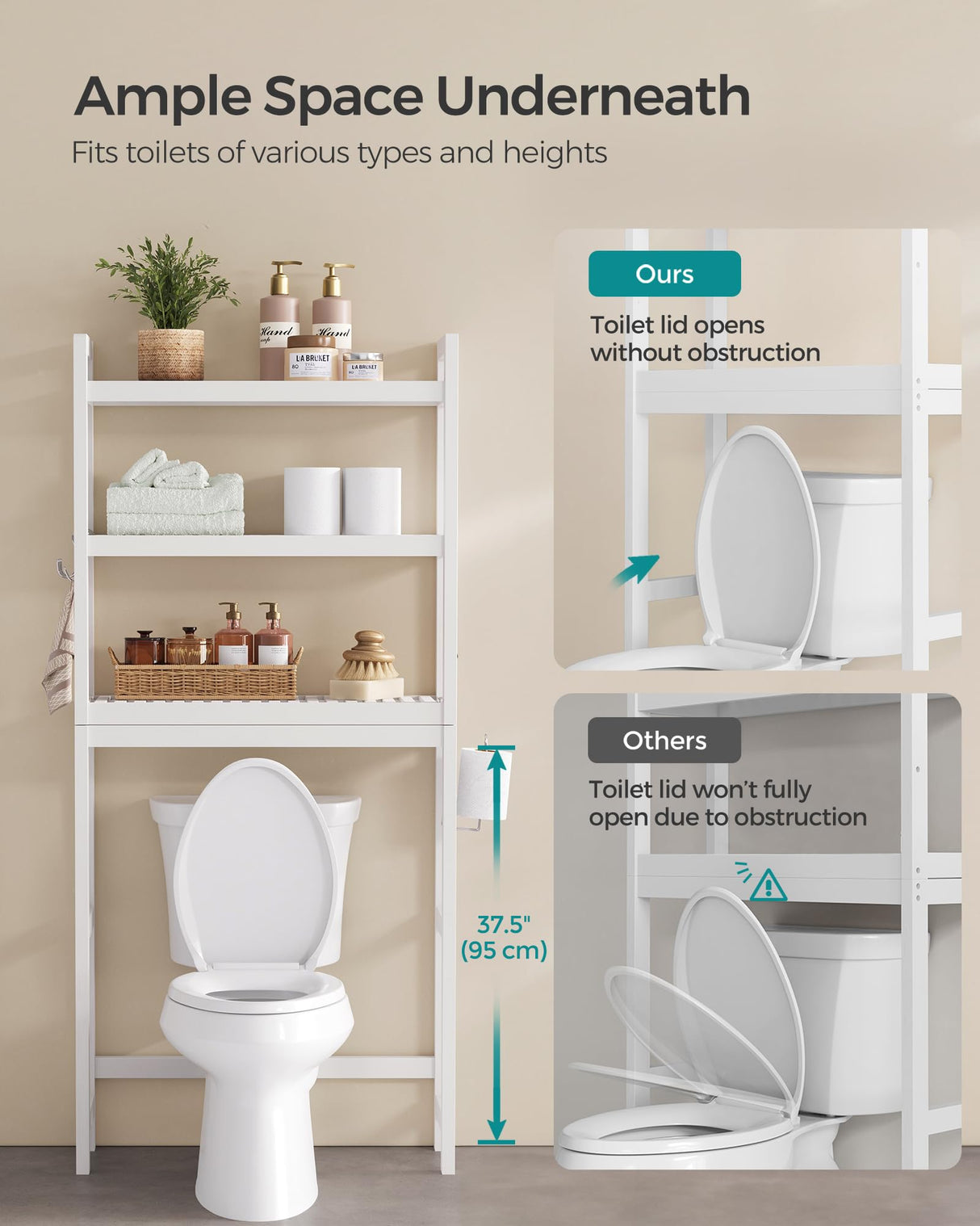 SONGMICS Over The Toilet Storage, 3-Tier Over Toilet Bathroom Organizer with Adjustable Shelf, Fit Most Toilets, Space-Saving, Cloud White UBTS01WT SONGMICS