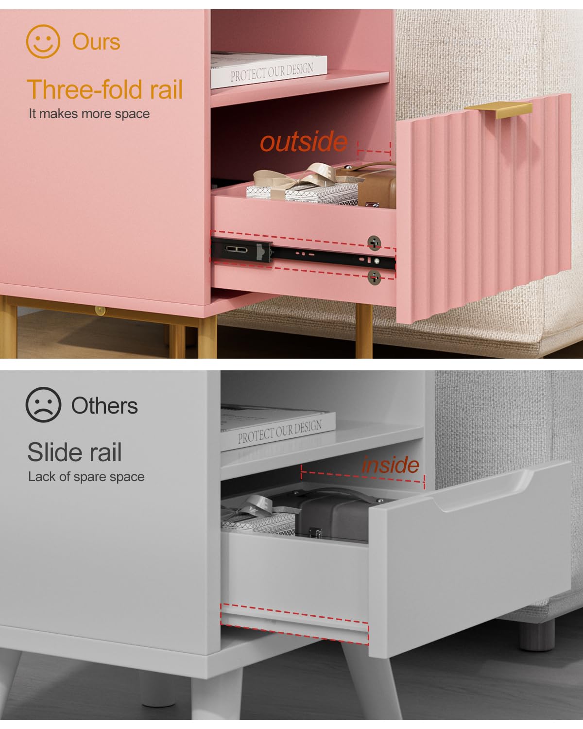 Aienvey Nightstand,Bedside Table with Gold Frame,Pink Night Stand,Bedside Furniture, Modern Side Table with Drawer and Shelf for Bedroom,Living Room (Pink, Large) Aienvey