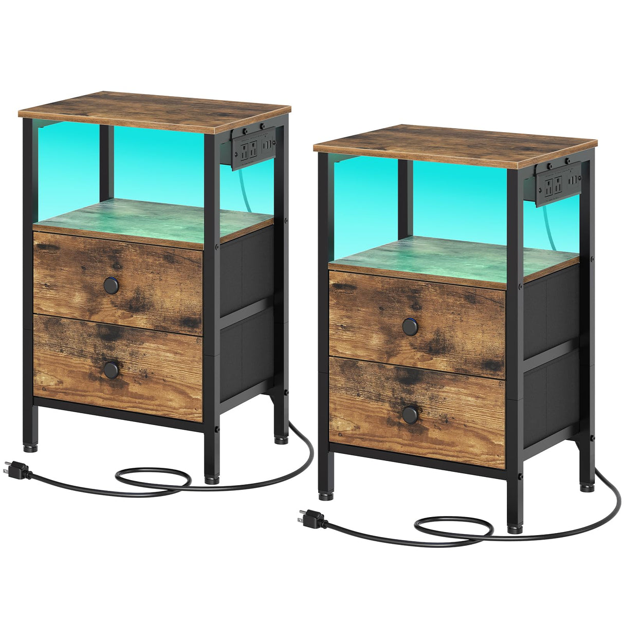 YATINEY Nightstands with Charging Station, Night Stand Set of 2 with LED Lights, Side Table with 2 Non-Woven Drawers, End Table Bedroom, Bedside Tables for Bedroom, Rustic Brown and Black ET12L2BR YATINEY