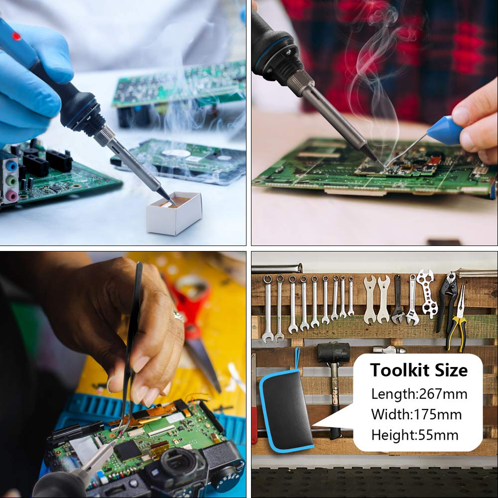 Soldering Iron, Soldering Iron Kit Electronics, 60W Adjustable Temperature Welding Tool, 5pcs Soldering Iron Tip, Soldering Iron Stand, Desoldering Pump, Tweezers, Solder Wire, Rosin, Carry Bag HANDSKIT