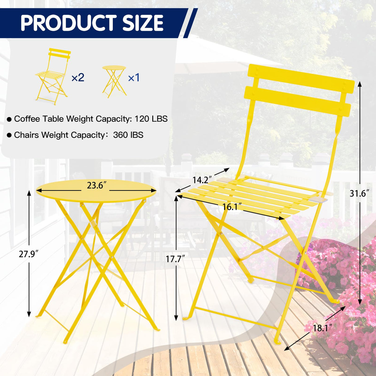 3-Piece Bistro Table and Chairs, Wrought Iron Bistro Set, Anti-Rust, Waterproof Folding Cafe Table and Chairs Set of 2, Foldable Small Bistro Set for Small Space/Indoor/Outdoor/Porch/Lawn/Balcony BUPPLEE