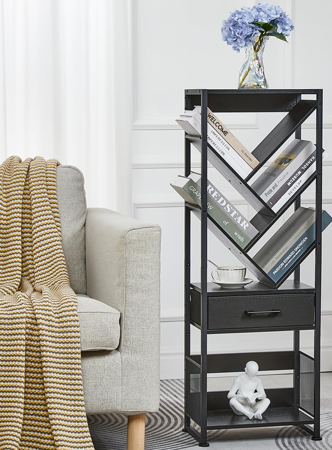 ZEXVIDA Bookshelf with Drawer,8 Tier Tree Bookcase Retro Floor Standing Bookshelves,Tall Wood Bookcases with Cabinet Storage Organizer for Living Room, Bedroom & Home Office, Black ZEXVIDA