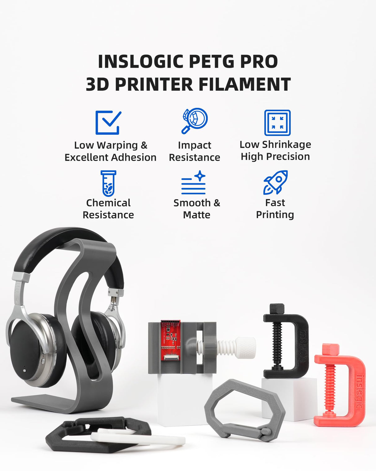 Inslogic PETG Pro 3D Printer Filament 1.75 mm, High-Speed Matte PETG Filament, Stronger Toughness, 1 kg Spool, Dimensional Accuracy +/- 0.02 mm, Compatible with FDM Printers, Black Inslogic