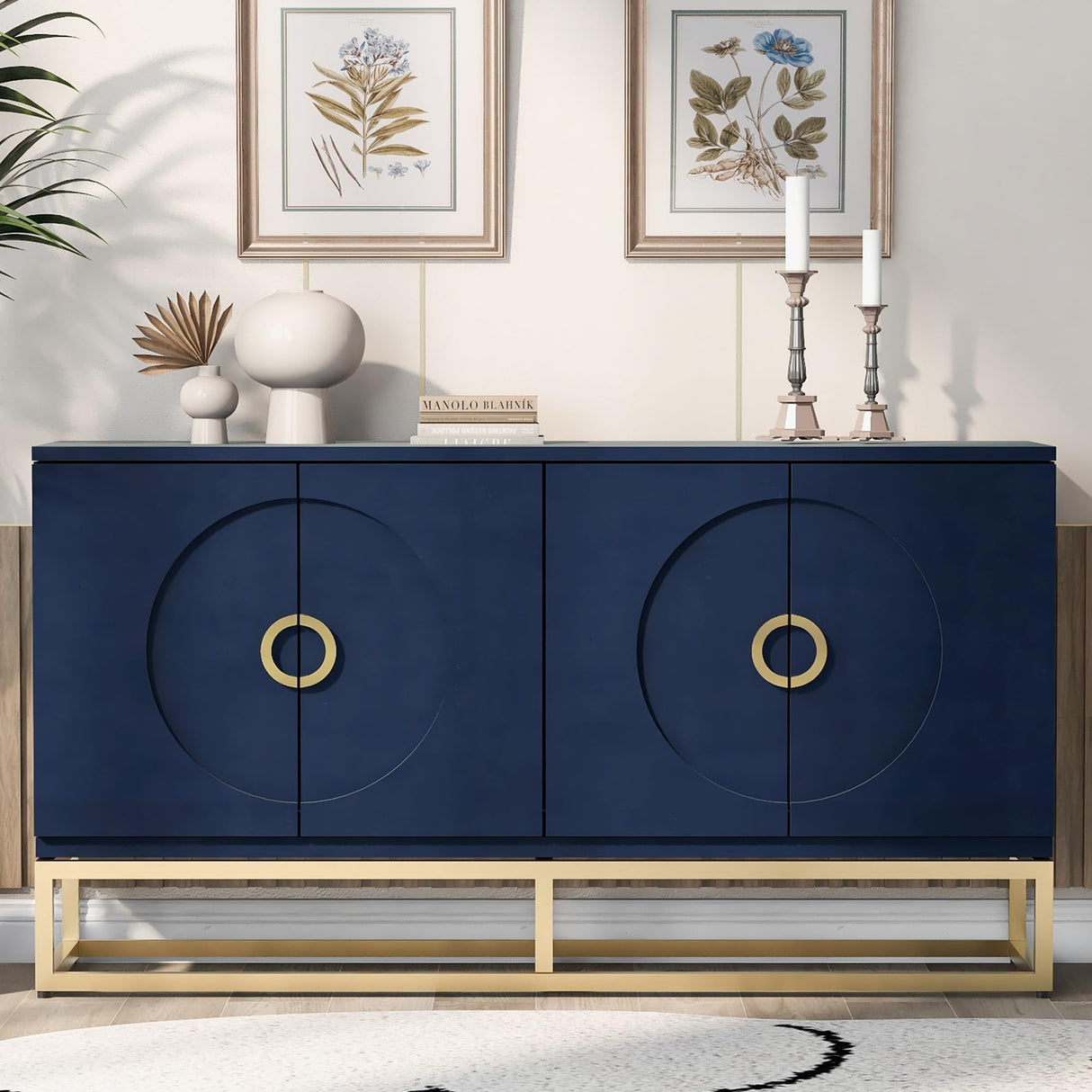 Amposei Sideboard Buffet Cabinet 59.8-Inch Wooden Credenza Console Storage Cabinet Entryway Table Cabinet with Storage & Adjustable Shelves for Living Room Entrance Kitchen, Navy Blue Amposei
