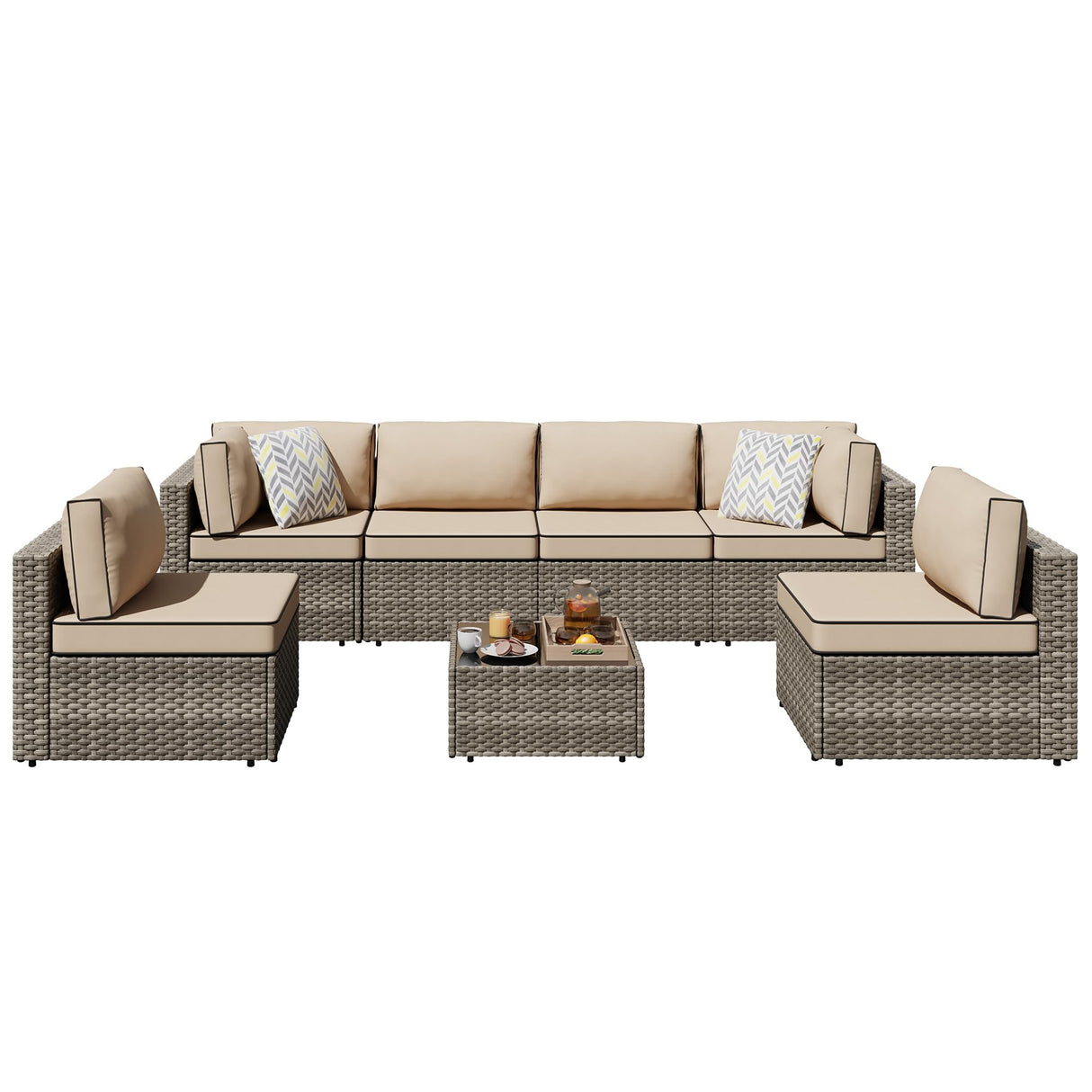 Shintenchi 7 Pieces Outdoor Patio Sectional Sofa Couch, Wicker Furniture Conversation Sets with Washable Cushions & Glass Coffee Table for Garden, Poolside, Backyard (Khaki) Shintenchi