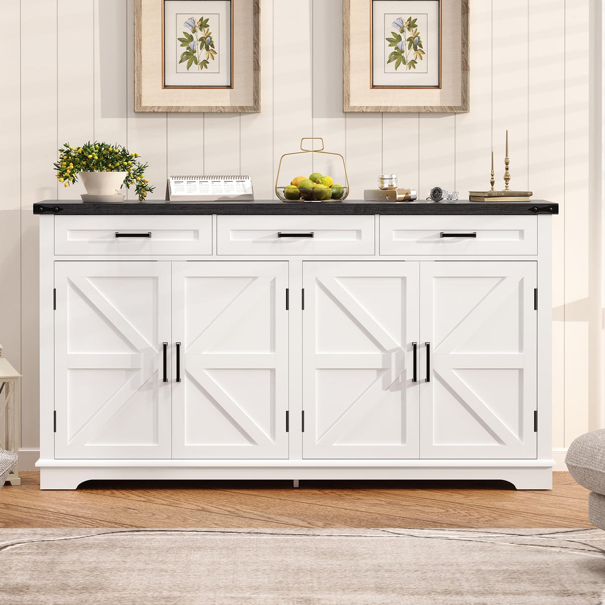 usikey 55”W Buffet Cabinet with 3 Large Drawers & 2 Adjustable Shelves, Farmhouse Sideboard Cabinet, Farmhouse Credenza, Coffee Bar for Dinging Room, Living Room, White usikey