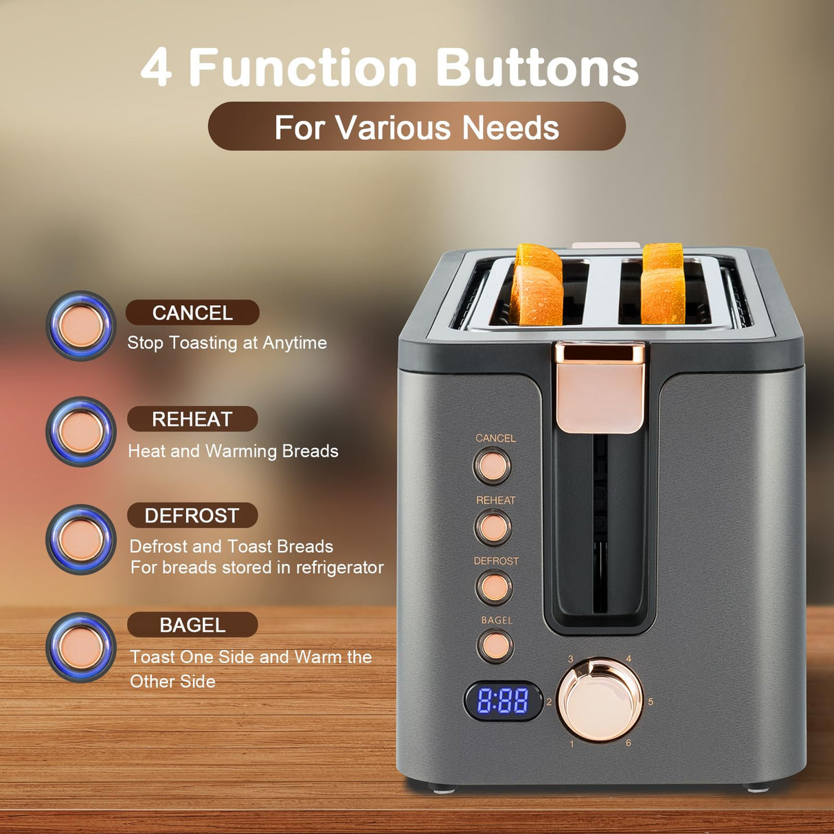 Mecity 4 Slice Toaster, Long Slot Toaster With Warming Rack, Bagel/Defrost/Reheat Functions,Warming Rack, Crumb Tray, 6 Browning Settings, Extra Wide Long Slots, Stainless Steel, 1300W,Grey Mecity