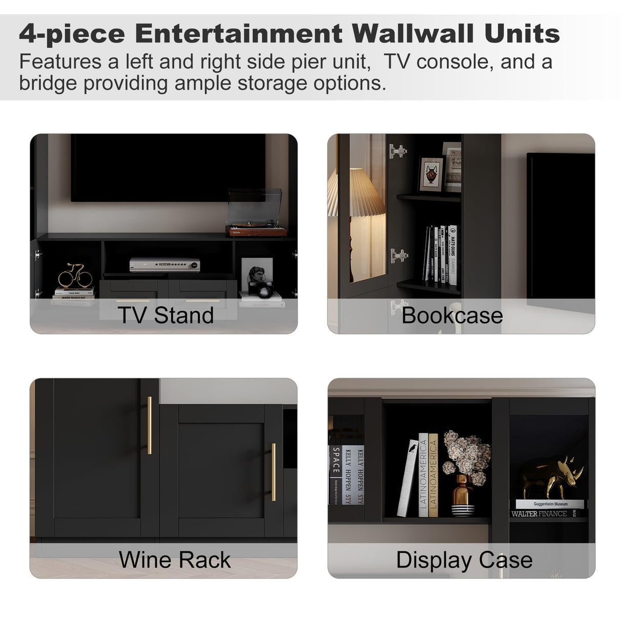 Mekminop 4-Piece TV Stand for TVs Up to 70" - Modern Entertainment Wall Unit with Shelves, Large Media Center for Living Room, Black Mekminop