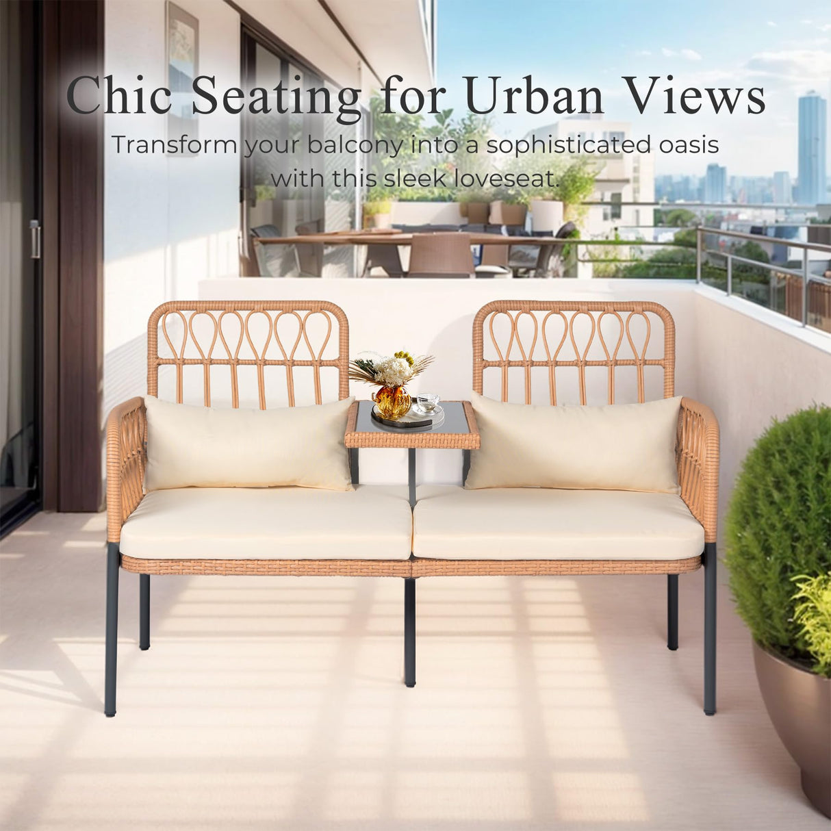 PROHIKER Patio Furniture Outdoor Rattan Loveseat 2-Seat with Built-in Table, Lumbar Pillows and Cushions, All-Weather Wicker Loveseat Porch Chairs for Balcony, Lawn, Backyard PROHIKER