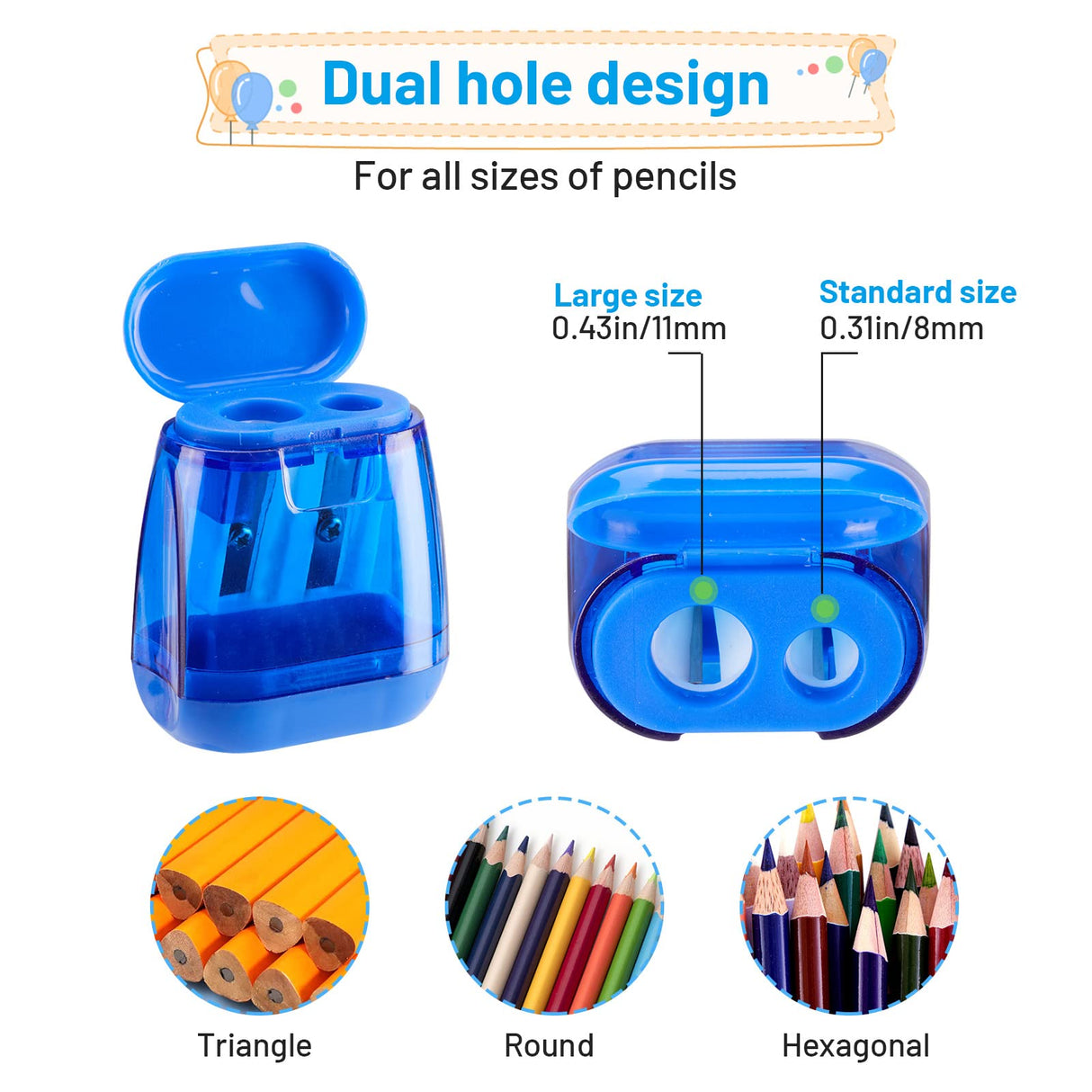 NeaLia Colored Pencil Sharpeners Manual, Hand Held Small Compact Pencil Sharpener for Kids with Lid Dual Hole, (8-11mm) No.2/Makeup Pencils Classroom Adults Artist Students School Home Office -4PCS NeaLia