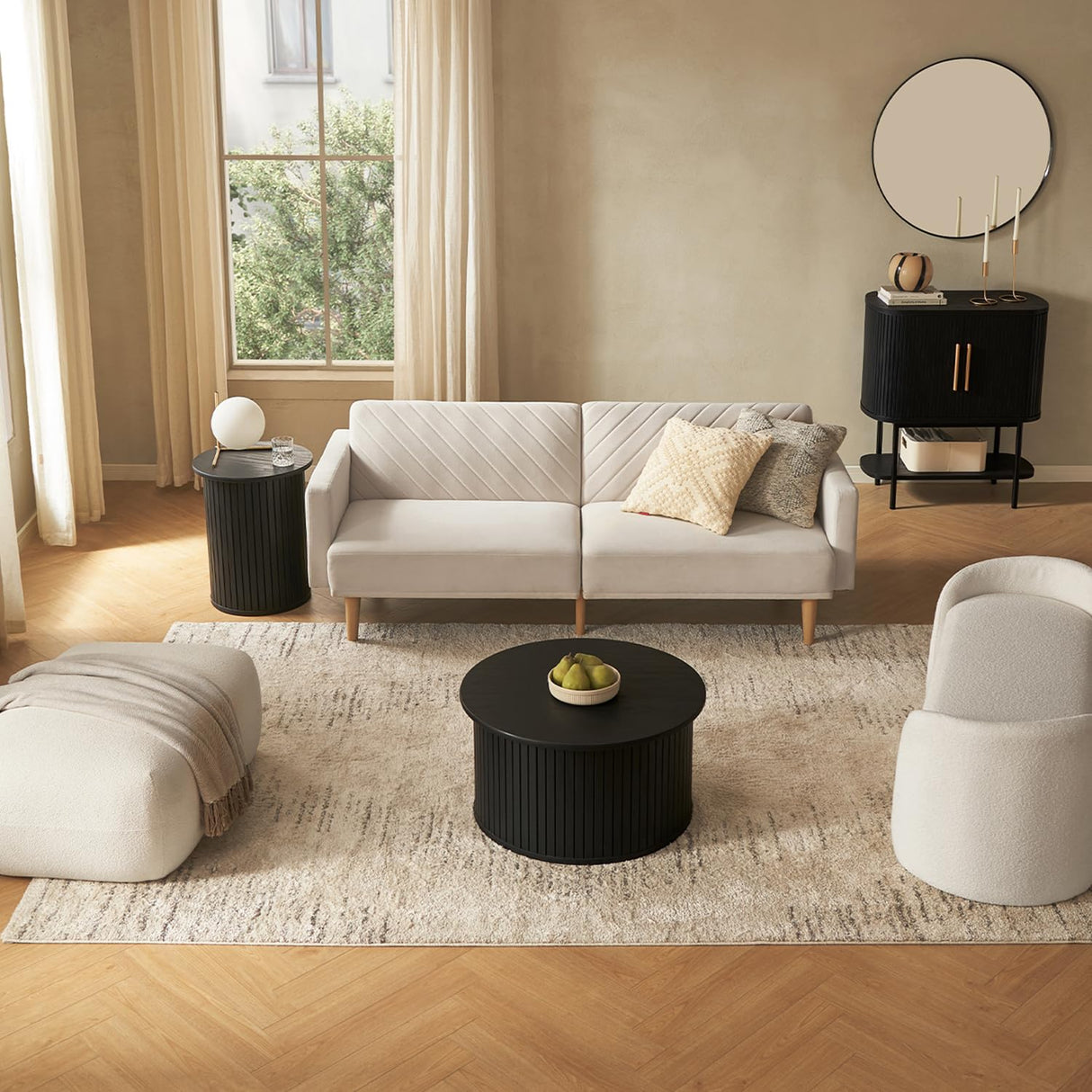 mopio Quin Pedestal Side Table, Tambour Round Fluted End Table, Small Accent Table for Living Room, Mid Century Modern Night Stand, Circle Bedside Table, Wood Nightstands for Bedroom (Black) mopio