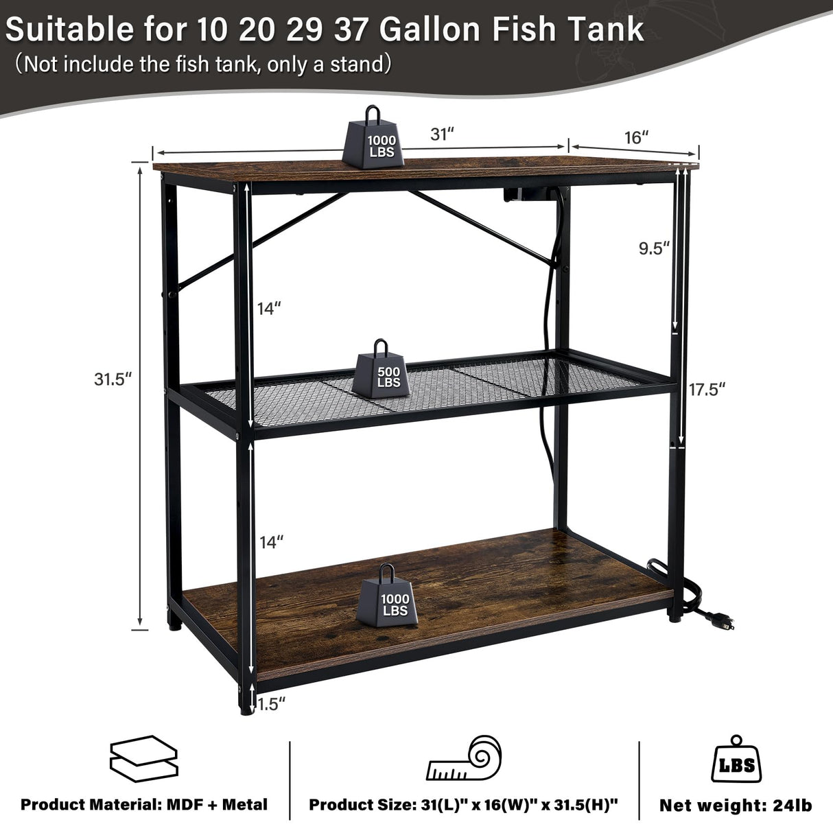 TC-HOMENY Fish Tank Stand 10,20,29,37 Gallon, Aquarium Stand with adjustable shelf,1000LB Capacity ,31" L x 16" W Metal Reptile Tank Stand, Double Storage Design Adjustable Boards, Brown TC-HOMENY