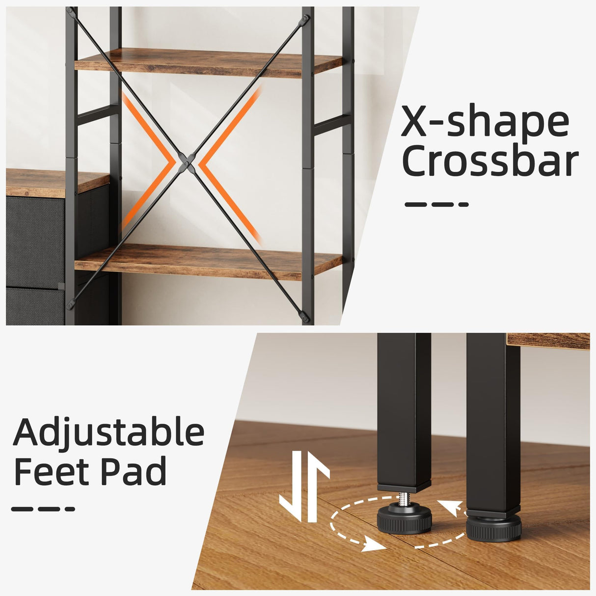 AFLUI Triple Bookshelf with 3 Fabric Drawers, 6-Tier Book Shelf and 10 Display Shelves, Industrial Large Bookcase for Home & Office, Rustic Brown, 47'' Wide AFLUI