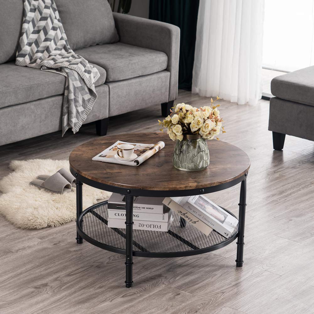 VINGLI Round Coffee Table with Storage - 31.5" Rustic Farmhouse Design, Industrial Style with Metal Shelf VINGLI