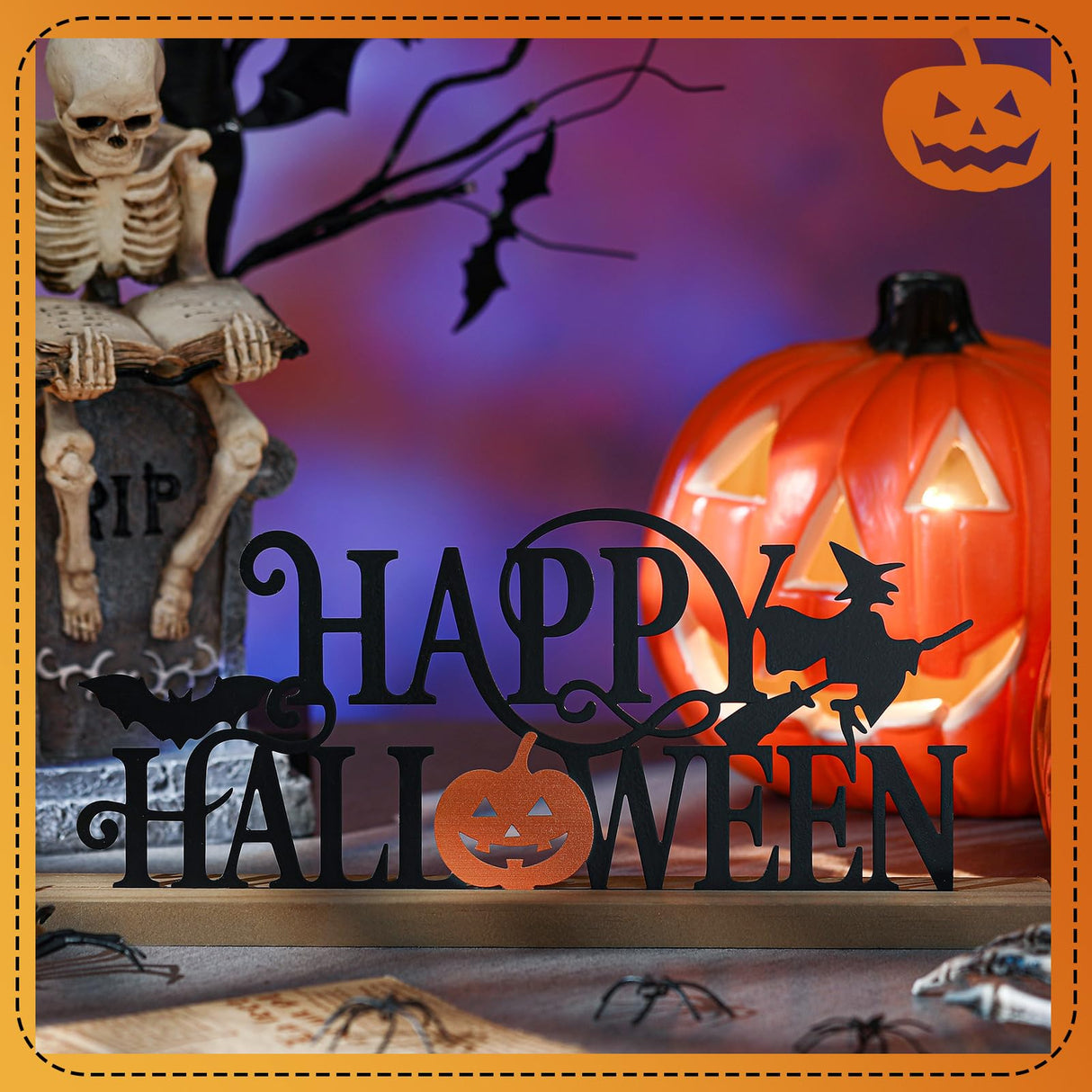 Realspring Happy Halloween Table Decor Farmhouse Tabletop Block Sign Rustic Tiered Tray Decor with Wooden Base Freestanding Metal Word Sign and Wooden Pumpkin Cutout for Home Table Shelf Office Realspring