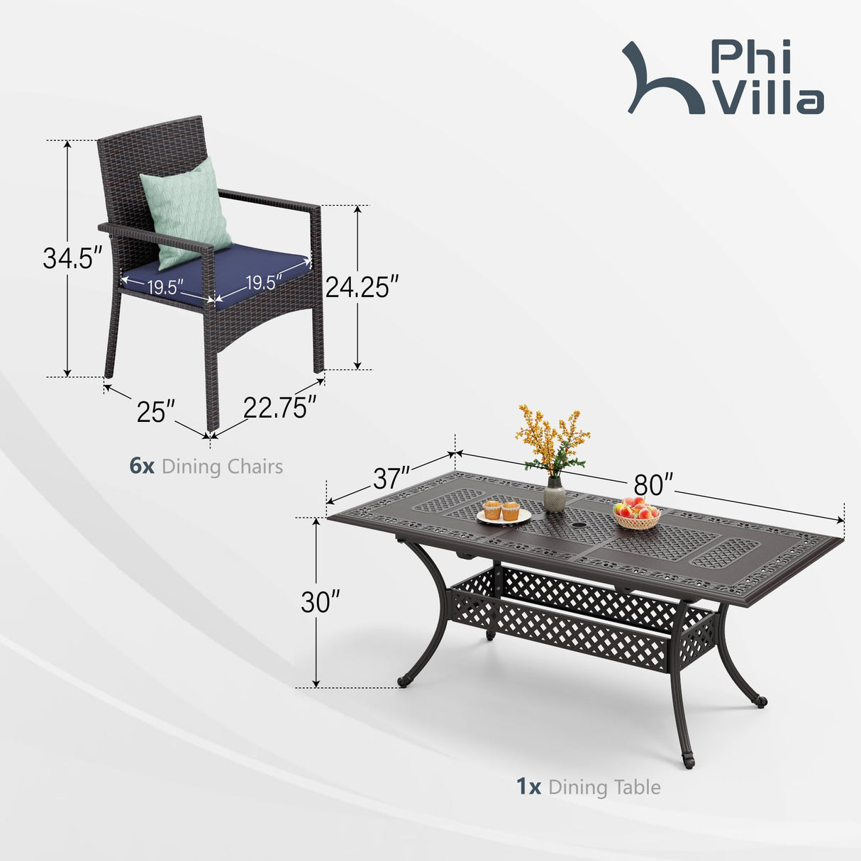 PHI VILLA Outdoor 7 Pieces Expandable Cast Aluminum Dining Set for 6, Extendable Metal Table with Umbrella Hole & Cushioned Wicker Chairs, Dining Furniture Set for Patio, Deck, Yard and Porch PHI VILLA