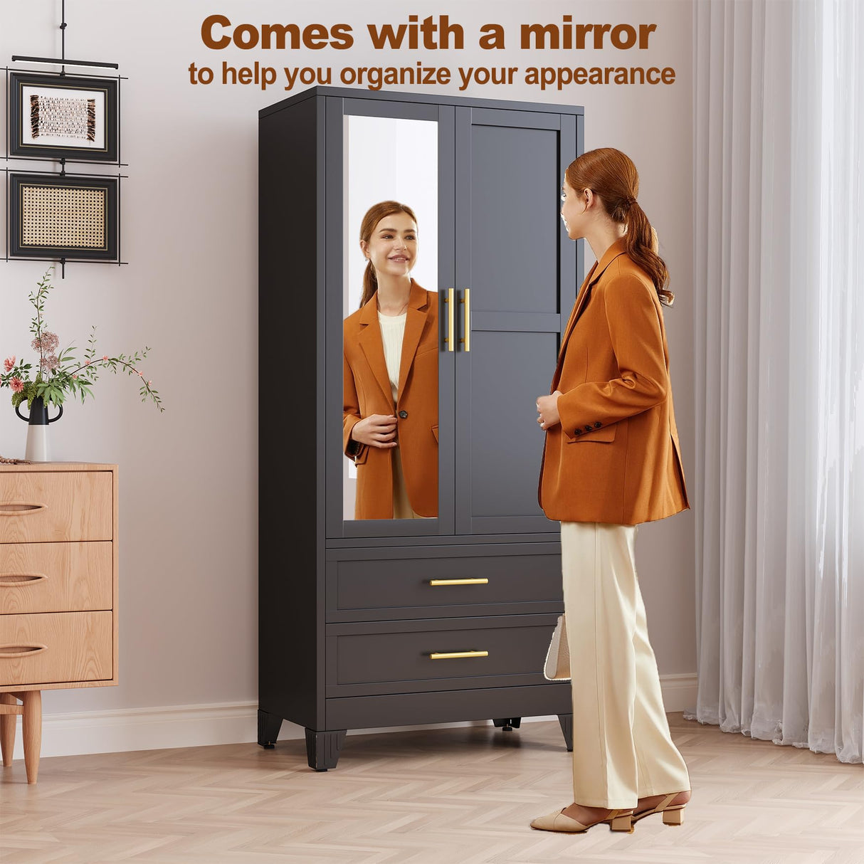RIETERN Metal Armoire Wardrobe Closet, 71" Tall Bedroom Closet with Mirror, 2 Drawers, Adjustable Shelves, and Hanging Rod, Steel Clothes Closets and Storage, for Bedroom Black RISTERN