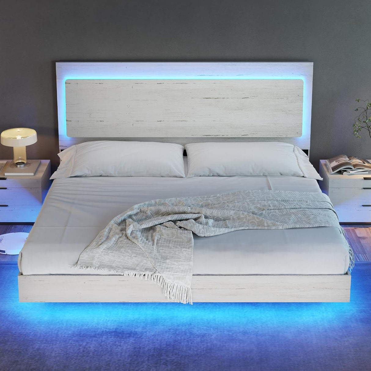 AMERLIFE Distressed White King Floating Bed Frame with LED Mood Lighting and Recline Headboard AMERLIFE