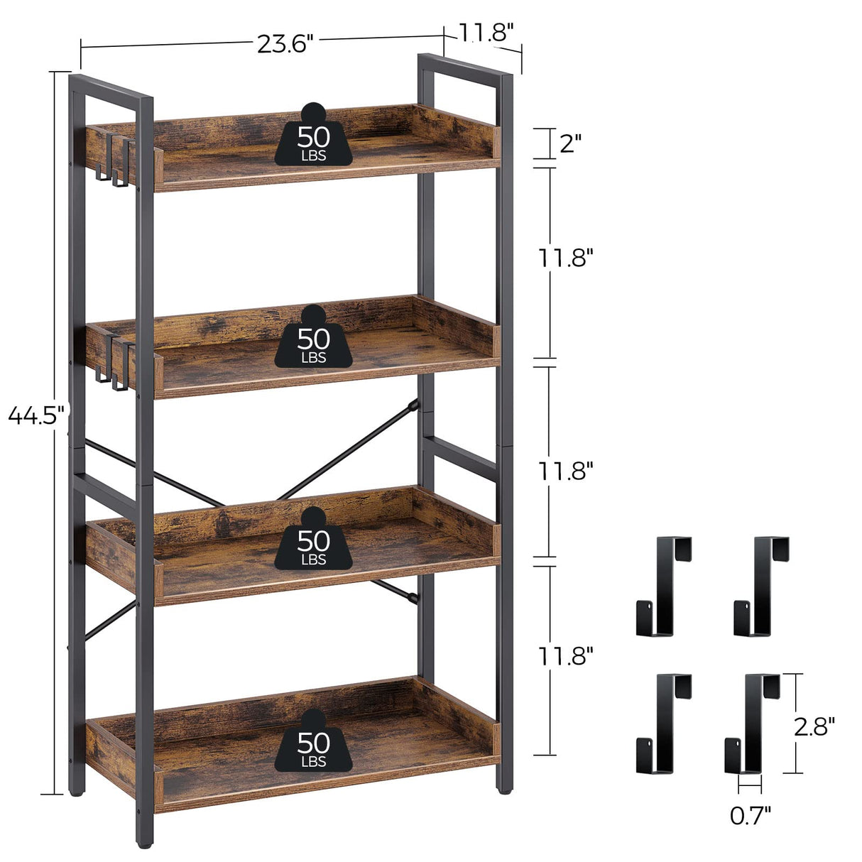 Rolanstar Bookshelf 4 Tier with 4 Hooks, Industrial Wood Bookcase, Vintage Storage Rack with Open Shelves, Rustic Standing Bookshelves Metal Frame Display Rack for Living Room, Bedroom, Rustic Brown Rolanstar