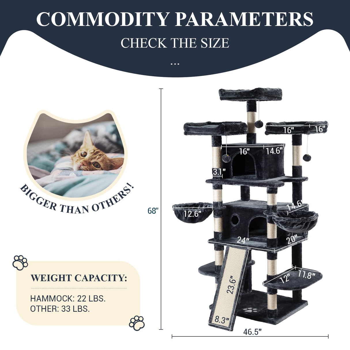 Allewie 68 Inches Cat Tree House with Condo, Scratching Post, and Multi-Level Towers for Cats - Smokey Grey Allewie