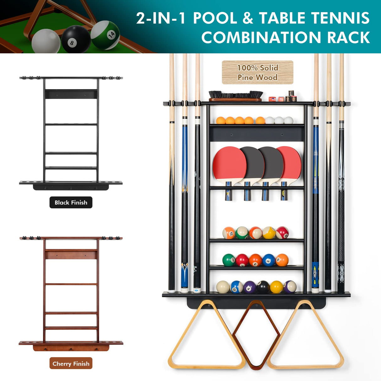 XCSOURCE Pool Stick Holder, 2-IN-1 Pool Cue Rack & Ping Pong Paddle Holder, 100% Solid Pine Wood Wall Mount Holds Billiards and Table Tennis Accessories for Man Cave, Billiard Room, Game Room,Bar Room XCSOURCE