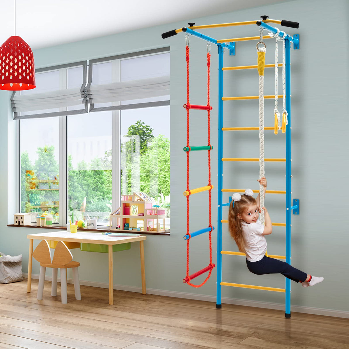 Costzon 5 in 1 Climbing Toys for Toddlers, Indoor Kids Gym for Exercise, Steel Ladder Wall Set with Wall Ladder, Pull-up Bar, Climbing Rope and Gymnastic Rings, Climber Ladder Toys Boys Girls Gift Costzon